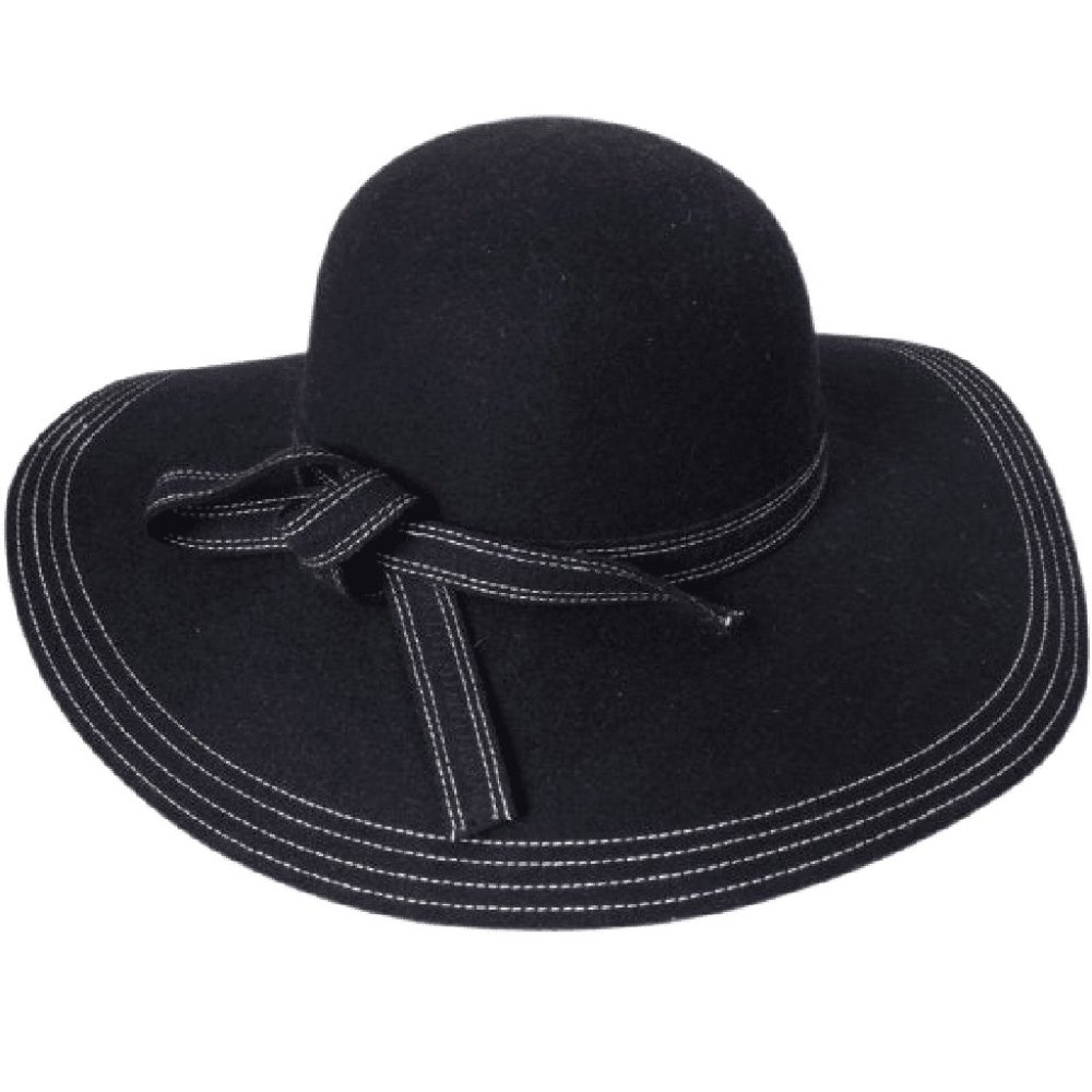 Floppy Wool Hat with White Stitching and Knotted Band Detail